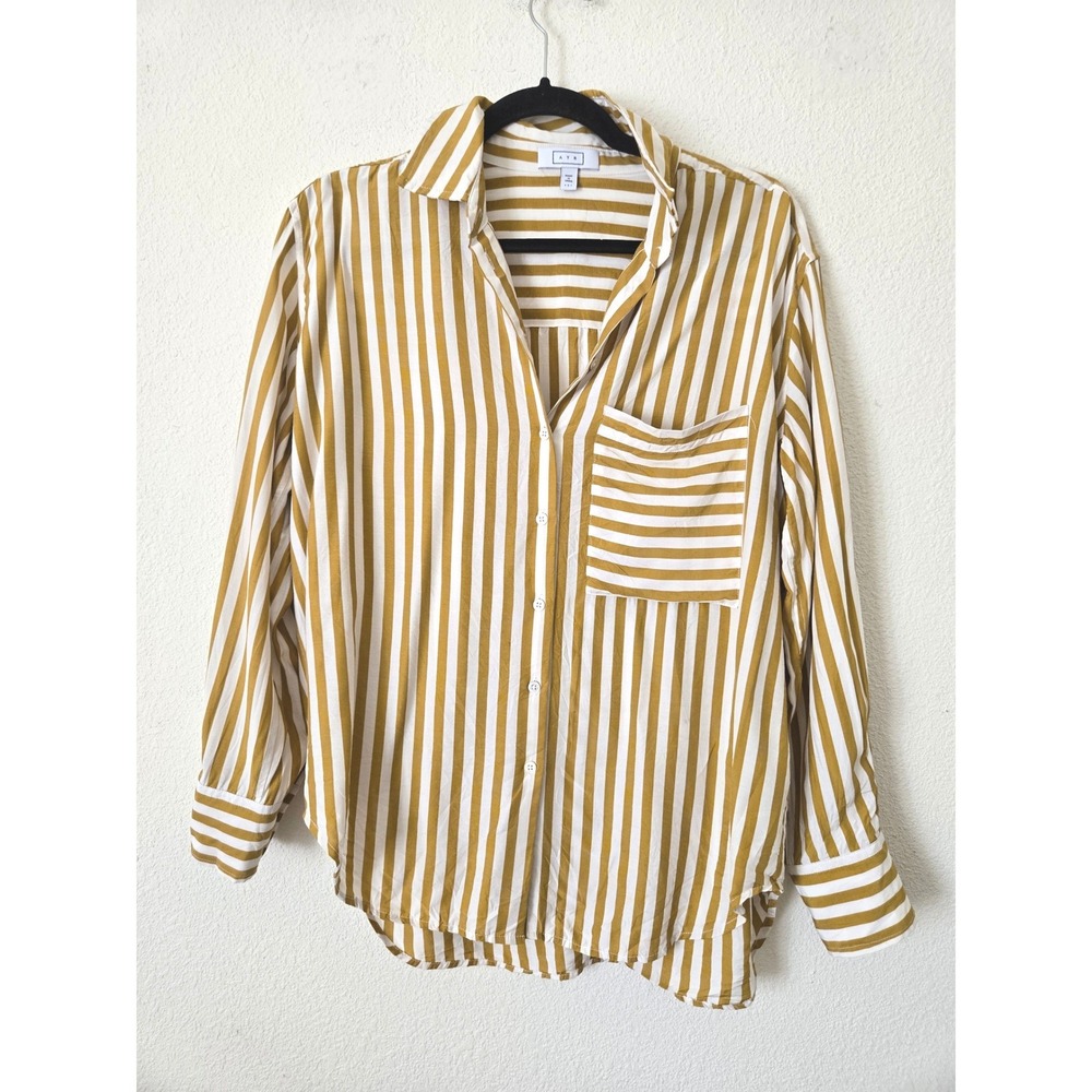 AYR Womens S The Deep End Button Down Shirt Yellow Stripe Silk Blend Oversized - Picture 10 of 10